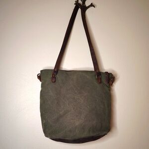 IN BLUE Green Waxed Canvas and brown Leather hand bag, small tote purse